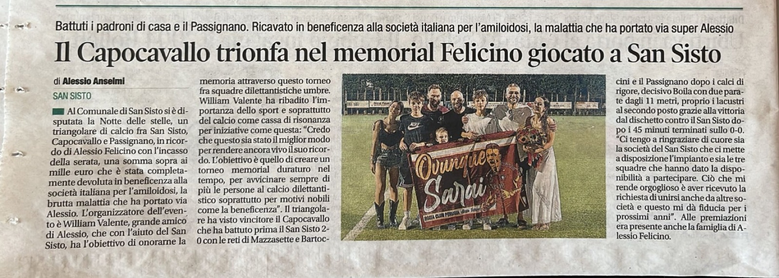 Articolo di giornale sul memorial Alessio Felicino giocato a San Sisto